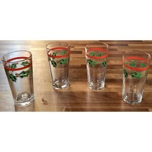 SET OF 4 Vintage KIG Christmas Glasses Red Band Holly Berries 6”